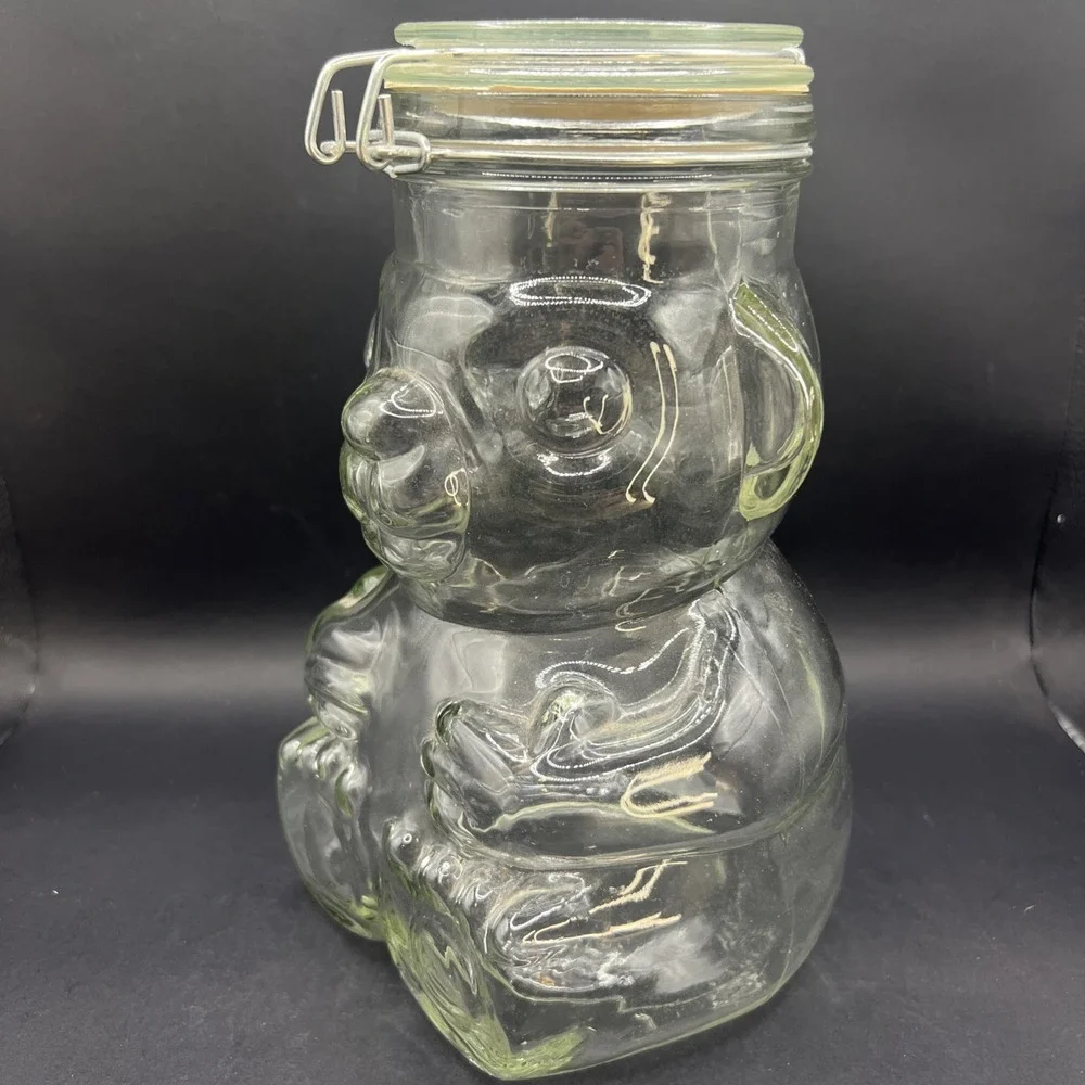 Teddy Bear Cookie Jar Glass Canister Hermetic Wire Clamp Lid Unmarked Vintage